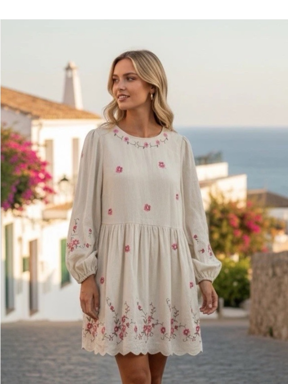 Caroline Constas Floral Embroidered Linen Midi Dress NWT Large